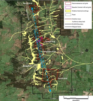 Figure 3 - Location of Central block and the target areas where in-fill surveys were completed, and the location of the Magazine, North & South Grids which will be the focus of the current reconnaissance soil sampling program. Notably, the 2km long anomaly which has been defined on the Central Grid in 2020 sits within a much larger mineralized trend along a 20km strike length, with potential to host a large gold system. (CNW Group/E79 Resources Corp.)