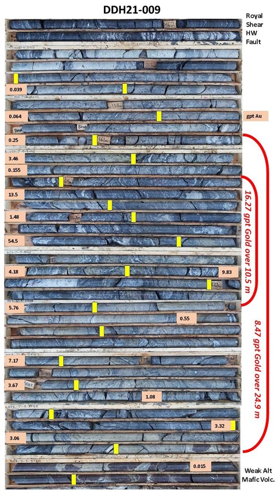 Cannot view this image? Visit: https://www.miningstockeducation.com/wp-content/uploads/2021/12/107178_figure25202_2520reliance2520ddh21-0092520imperial2520zone2520core2520photo2520with2520assays_550.jpg