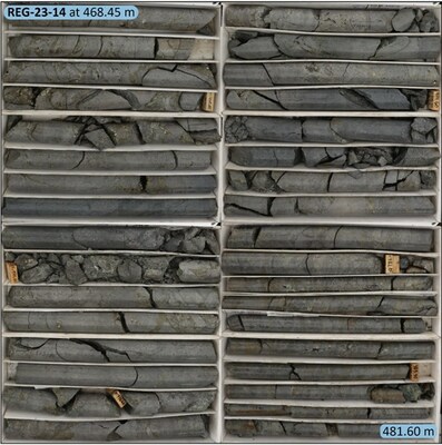 Figure 2b: REG-23-14 - Mineralized pyrite-specularite-chalcopyrite breccia from 468.45m-481.6. (CNW Group/Regency Silver Corp)