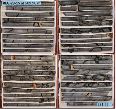 Figure 3e: REG-23-15 - Mineralized specularite-pyrite-chalcopyrite breccia from 509.90m – 531.75m. (CNW Group/Regency Silver Corp)