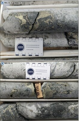 Figure 5: REG-23-15 – Strong specularite-pyrite-chalcopyrite mineralized zones within broad breccia intersection. (CNW Group/Regency Silver Corp)