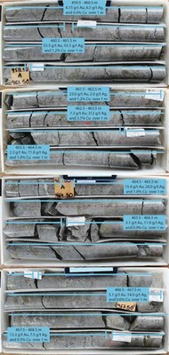 Figure 6: REG-22-01 - Mineralized specularite-pyrite-chalcopyrite breccia from 459.5m - 468.5m with assay results labelled. (CNW Group/Regency Silver Corp)