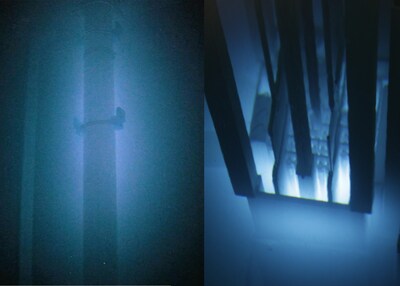 Using its proprietary technology, SHINE Technologies has demonstrated clearly visible Cherenkov radiation (left) produced by fusion for what is believed to be the first time in history. This visible evidence provides further proof that fusion can produce neutrons on par with some nuclear fission reactors, like the University of Wisconsin Nuclear Reactor (right), that are well known for producing this kind of radiation. (Photo credit SHINE Technologies and University of Wisconsin Nuclear Reactor)