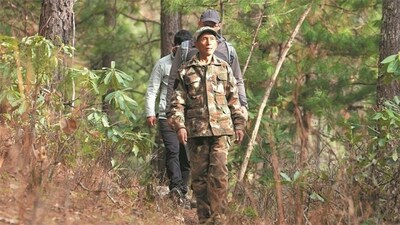 Yu and his companions patrol the Baima reserve as they look for traces of Yunnan snub-nosed monkeys in March. [Photo / China Daily]