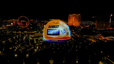 Sphere display features a DEWALT branded yellow and black hard hat that is brought to life with a bolt of lightning