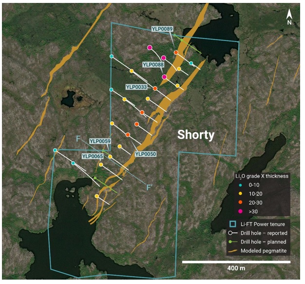 Plan view showing the surface expression of the Shorty pegmatite, reported holes from 2023 drilling, and planned holes for the 2024 winter program.