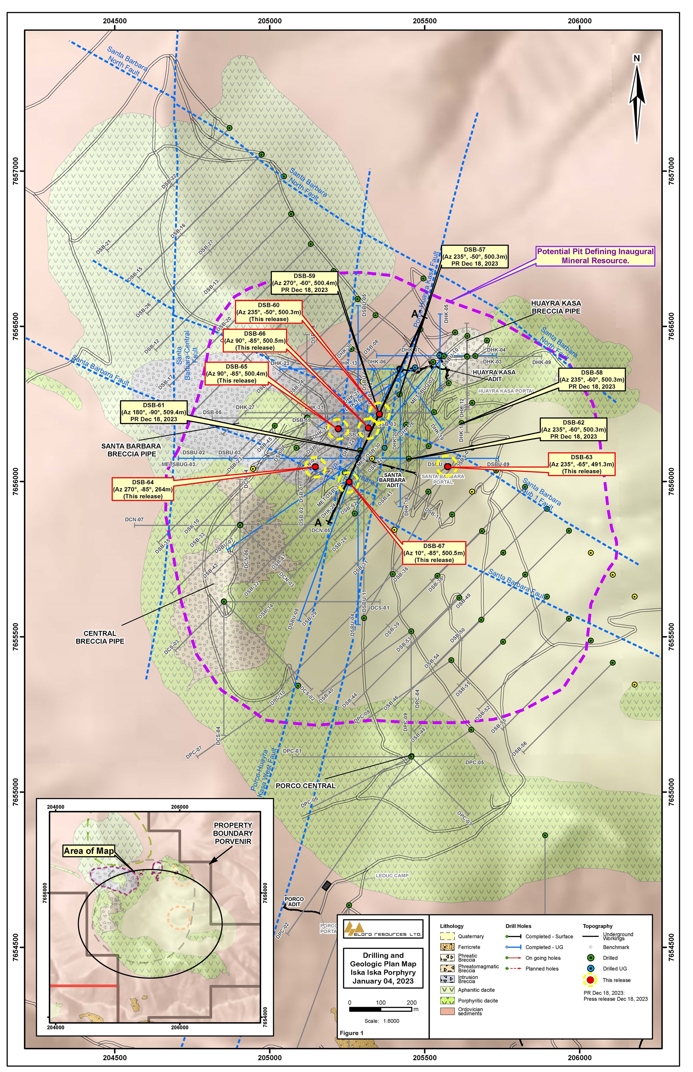 Location Map of Definition Drill Holes, Santa Barbara, Iska Iska.  Holes in this release are highlighted in yellow circles.