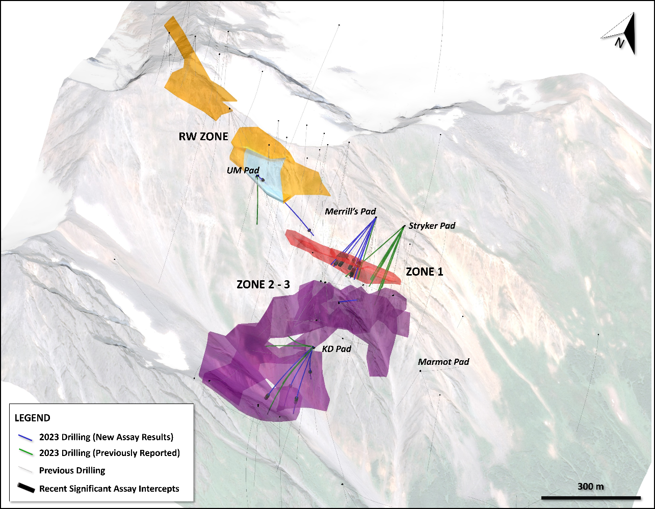 Oblique plan view highlighting South Wall Zone 1, South Wall Zone 2-3 and RW Zone with 2023 drill traces (blue corresponding to newly reported assays).
