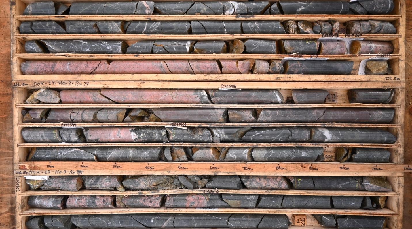 DK2023-03 from 229.1 to 237.7 meters yielding 8.6 meters of 0.57 Cu Eq (%).