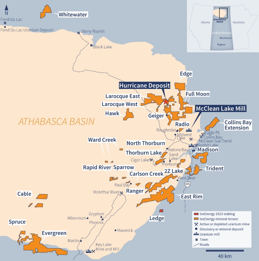 IsoEnergy Athabasca projects (orange) with new claims staked during Q4 of 2023 (red).