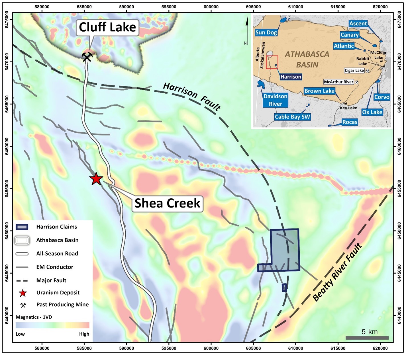Plan map highlighting the Harrison fault zone and EM conductor trends on the Harrison project, with first vertical derivative magnetics in the background.