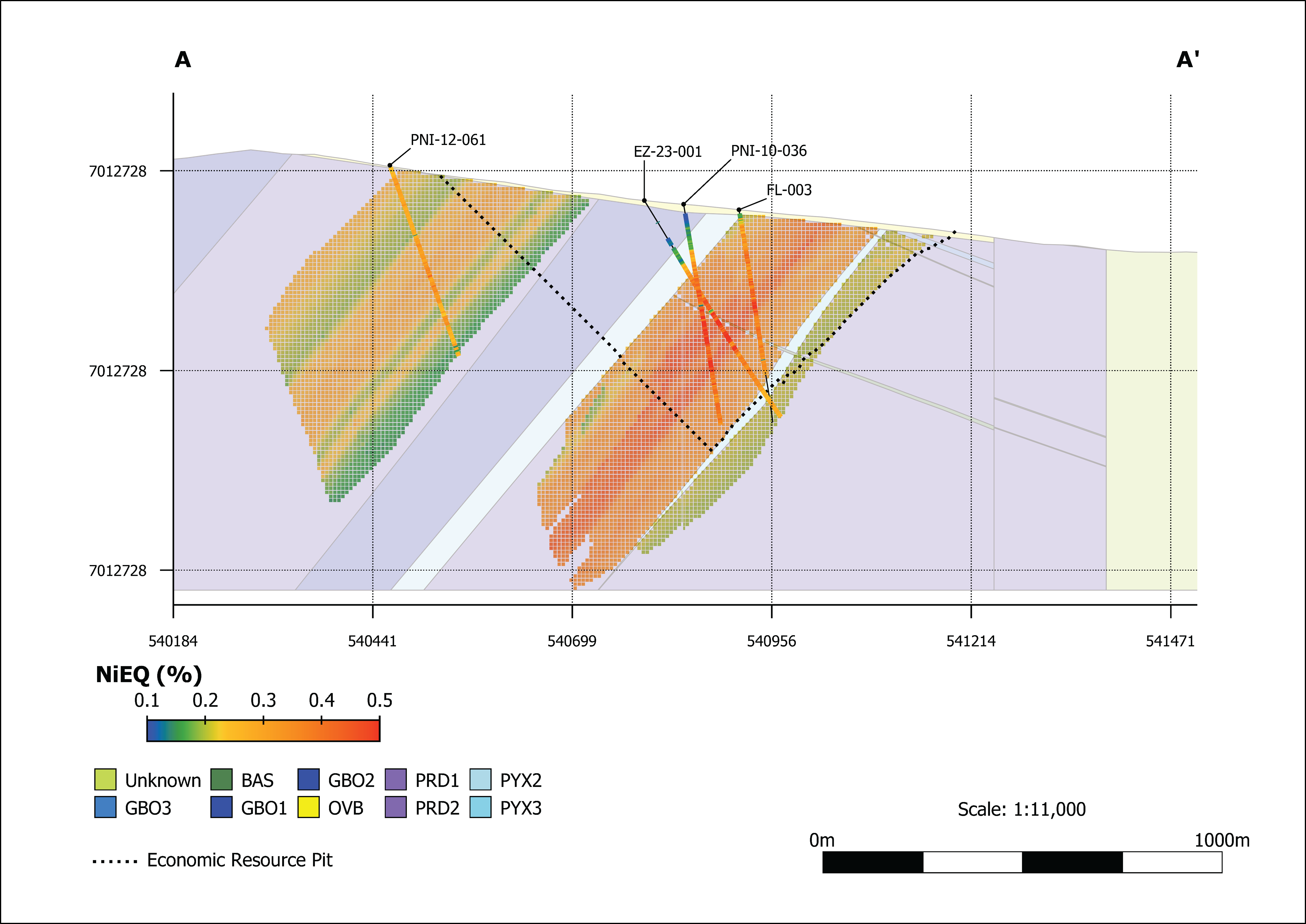 Cross section through the Eureka EZ1, EZ2, and EZ3 MRE. Note: Location of section A-A’ is located on Figure 1.