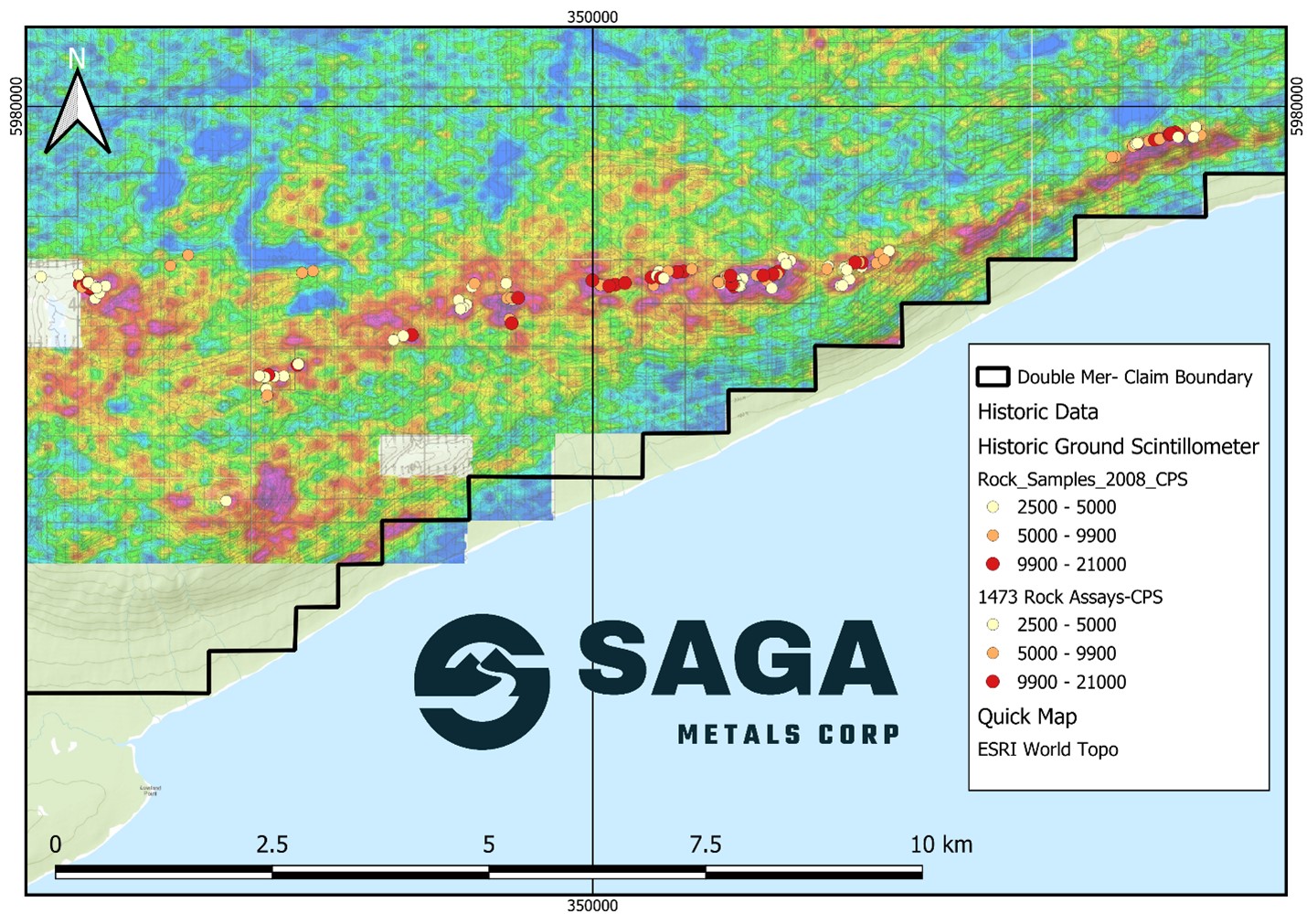 Radiometric survey highlighting Uranium trend, supported by rock samples in the above image confirming 14+km strike