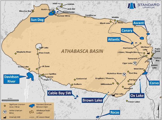 Overview map of Standard Uranium’s ten Athabasca