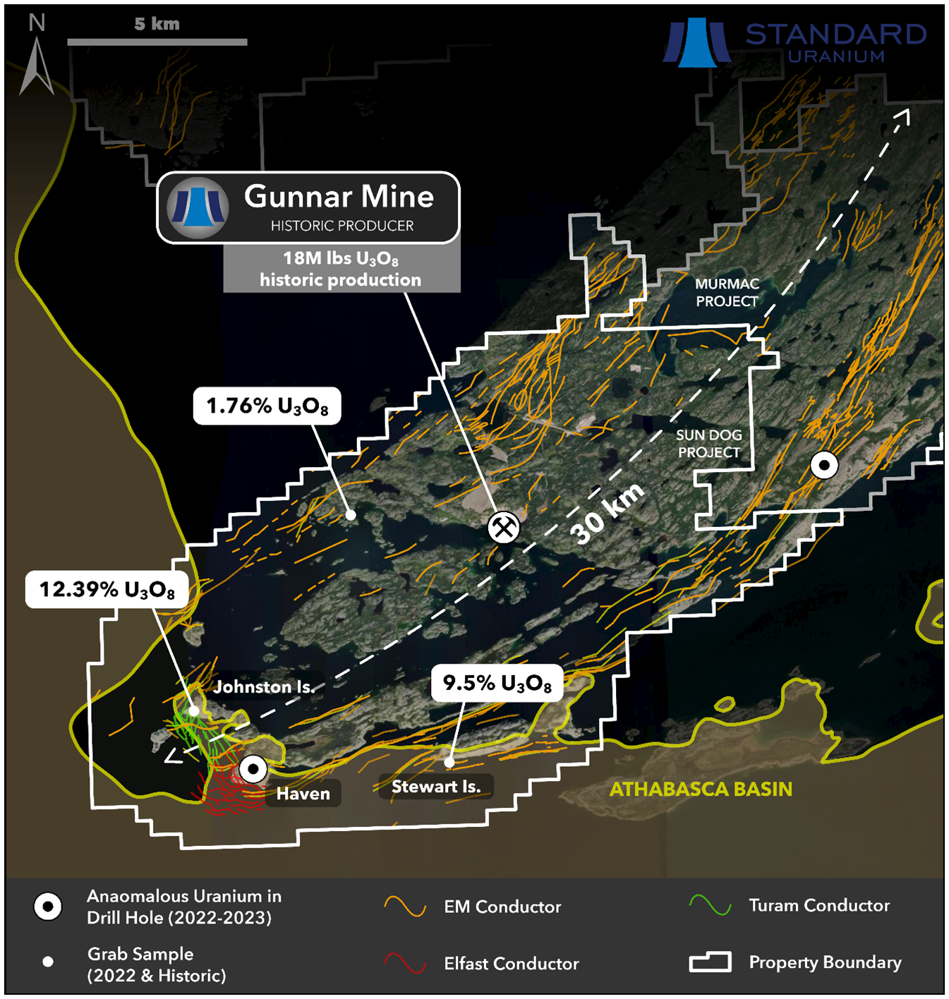 Selected uranium occurrences and known EM-conductors present on the Sun Dog Project