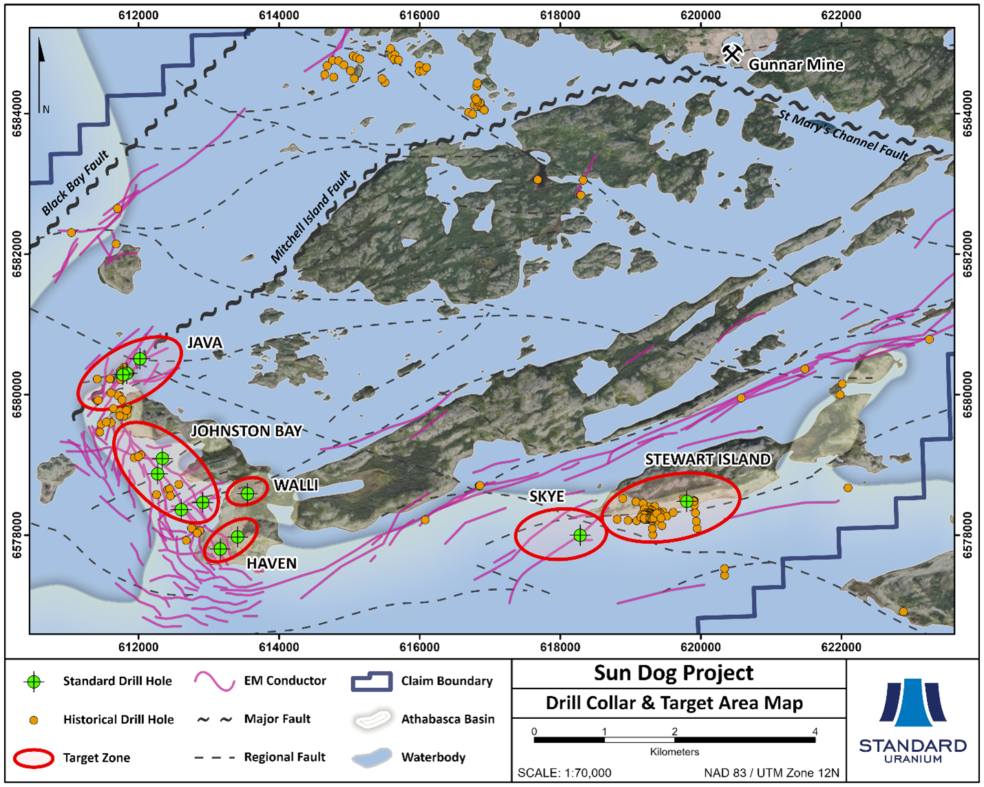 Historical and Standard Uranium Drill Holes with Target Areas on the Sun Dog Project