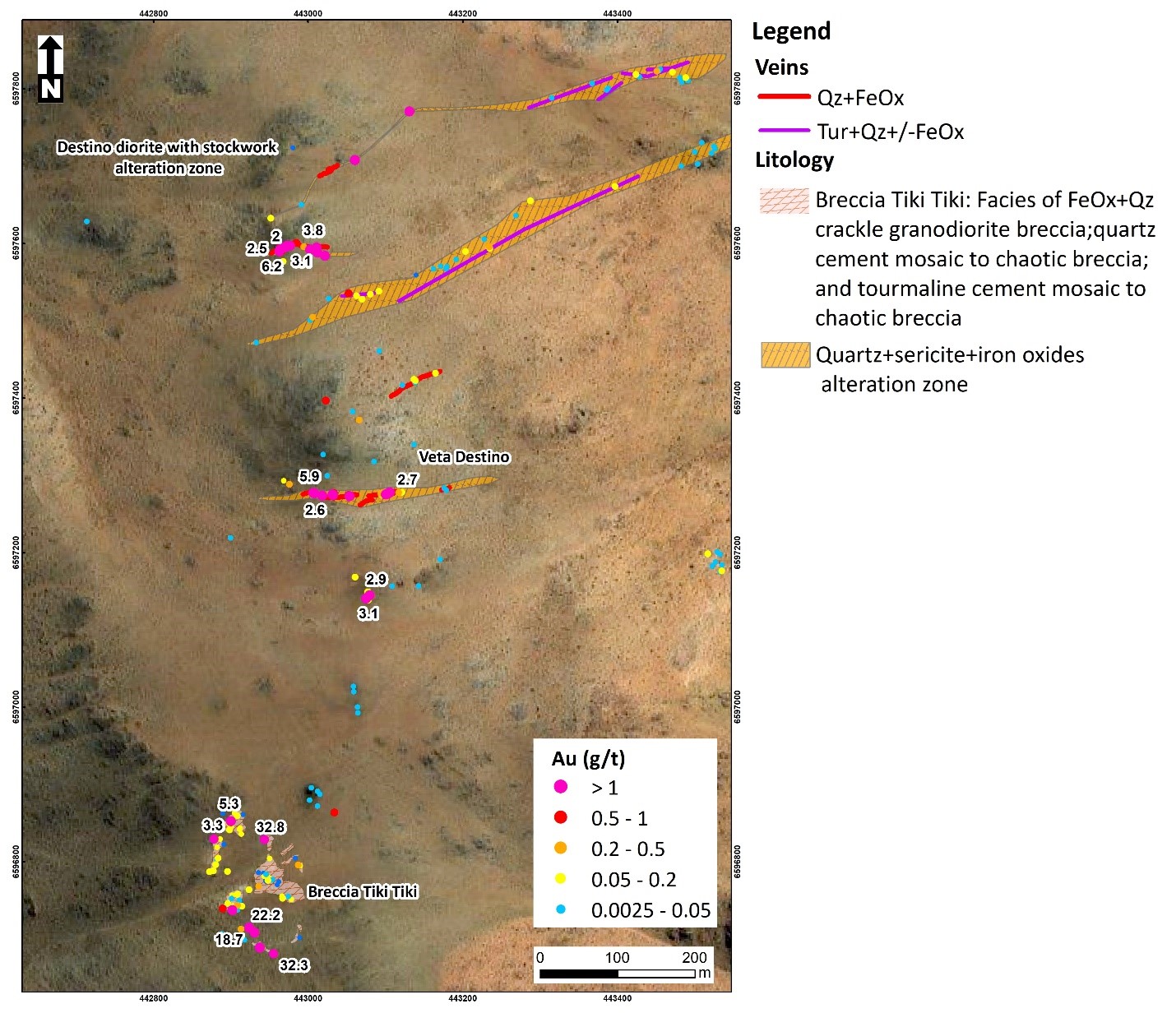 Map of Destino veins, with Tik Tik breccia in the south. Veins are up to 3 meters thick, with rock chip gold assays of up to 6.2 g/t Au.