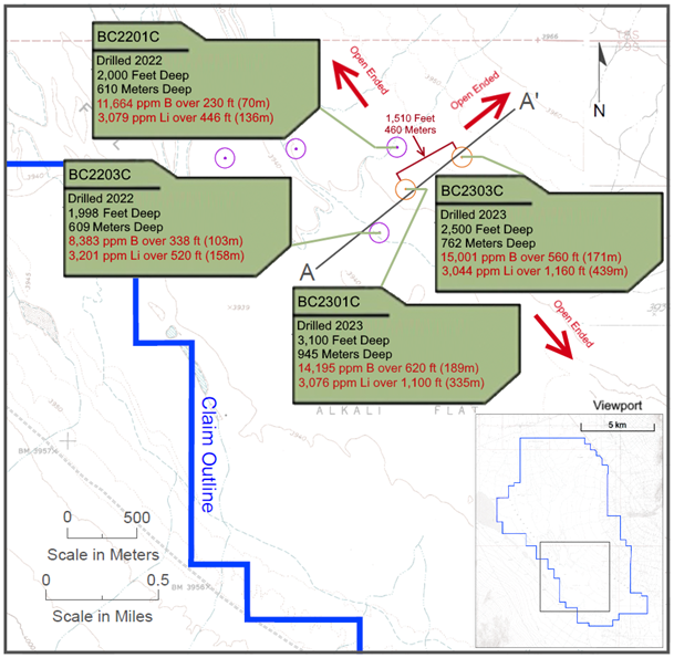 Plan map of drill hole locations and boron intercepts.  Boron intercepts as listed in Table 1 above.  Lithium intercepts from existing press releases