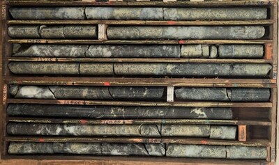 Figure 2: DDH2405T004 - Massive/Semi-massive/ breccia sulphide Cu mineralization at T5 target (154.0 – 161.4m shown). (CNW Group/Bravo Mining Corp.)