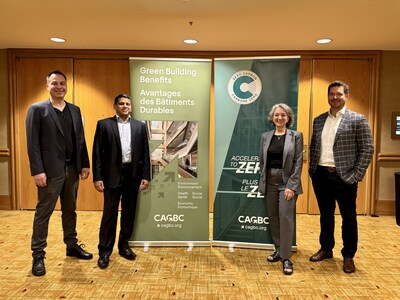 Matt Zipchen, President of Efficiency Capital (left to right); Chandra Ramadurai, CEO of Efficiency Capital;  Julie Dabrusin, Parliamentary Secretary to the Minister of Environment and Climate Change and to the Minister of Energy and Natural Resources and Member of Parliament for Toronto—Danforth; and Gregory Balycky, CIB’s Senior Director Investments, at the Canada Green Building Council conference in Toronto. (CNW Group/Canada Infrastructure Bank)