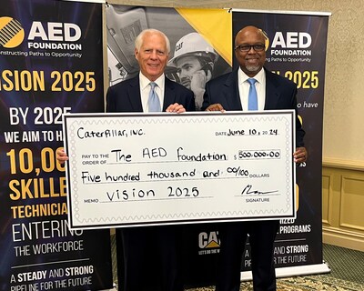 Caterpillar Vice President of Distribution Jay Walton (right) presents a check to Associated Equipment Distributors EVP and COO Bob Henderson for $500,000 to the Associated Equipment Distributors Foundation. (PRNewsfoto/Caterpillar Inc.)