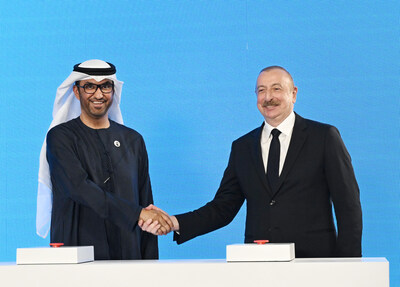 HE Dr Sultan Al Jaber UAE Minister of Industry and Advanced Technology Chairman of Masdar and COP28 President; HE Ilham Aliyev President of Azerbaijan (PRNewsfoto/Masdar)