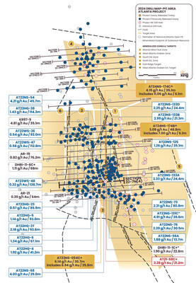 Figure 1. Location map for holes reported in this news release along updated drill Section 23-7N(4) relative to the perimeter of the historical Atlanta Pit and footprint of the Gustavson 2020 NI 43-101 resource. Shallow drillholes on the mine dumps have been removed from the plot for clarity. (CNW Group/Nevada King Gold Corp.)