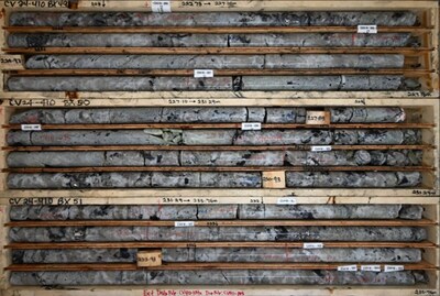 Figure 4: Spodumene pegmatite in CV24-410. Core grades 5.24% Li2O over 2.2 m (226.5 m to 228.7 m). (CNW Group/Patriot Battery Metals Inc.)