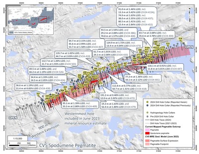 Figure 1: Drill holes completed at the CV5 Spodumene Pegmatite through April 2024. (CNW Group/Patriot Battery Metals Inc.)