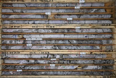 Figure 3: High-grade spodumene pegmatite drill intercept from the Vega Zone at CV13 (drill hole CV24 507), averaging approximately 3.5% Li2O over interval presented (125.3 m to 138.2 m), including 1.7 m at 7.01% Li2O – the highest grading individual core sample reported to date from Corvette. (CNW Group/Patriot Battery Metals Inc.)
