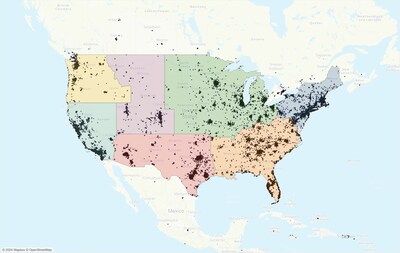 The Residential End Uses of Water Study, Version 3 will leverage data from over 100,000 Flume water sensors (shown as black dots) that are already deployed across the nation in the seven different colored regions.