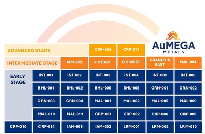 FIGURE 2: AUMEGA PYRAMID OF TARGETS BY STAGE OF EXPLORATION (CNW Group/AuMEGA Metals Ltd)