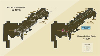 Figure 8:  Plutonic gold belt showing mineralisation below 100m versus drilling density below 100m (CNW Group/Catalyst Metals LTD.)