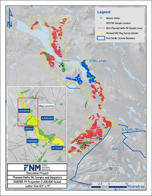 Figure 1: Storjuktan surface till sampling and UAV magnetic geophysics survey plan map (CNW Group/First Nordic Metals Corp.)