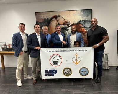 Celebrating the new Department of U.S. Navy Mentor Protégé Agreement between Hornbeck Offshore Services and Next Generation Logistics, are from left, Hornbeck Offshore team members: Jacob Hornbeck, shipyard representative; Michael Nicaud, vice president and associate general counsel; Carl Annessa, executive vice president of military, engineering & maintenance; and Todd Hornbeck, president and CEO; Eddie Compass IV, NGL CEO and founder; Eddie Compass V; and Eric Hill, business development representative at Hornbeck Offshore.