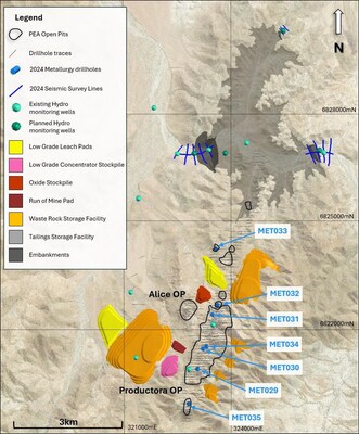 Figure 1. Aerial photo of Productora indicating the location of completed seismic survey and collars of hydrological drillholes (drilled and planned) relative to the planned mine infrastructure. Location of metallurgical drillholes completed in Q2 are displayed as blue traces. (CNW Group/Hot Chili Limited)