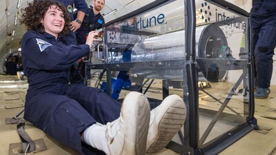 *Photo Credit: Zero-Gravity Corporation and Steve Boxall*

Recent aerospace engineering student and former Interlune intern Maia Willebrand helps test an early prototype of Interlune beneficiation and extraction hardware on a parabolic flight in February 2024