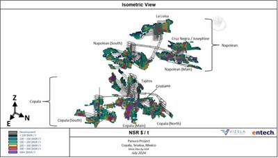 Figure 1:  Proposed stope shapes by NSR ($US/t) for the Panuco Project (CNW Group/Vizsla Silver Corp.)