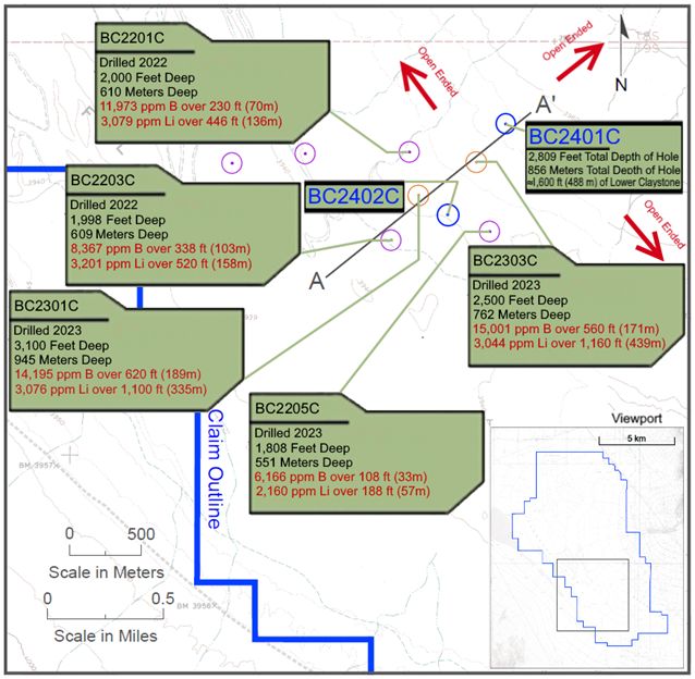 Drill collar map of proposed BC2401C and BC2402C, relative to completed drillholes.