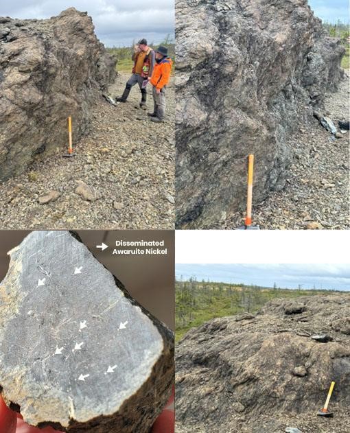 Northeast oriented photos of Big Gulp anomaly near Gulp Pond area shows strongly deformed outcrops with abundant fractures and foliations that dip ~60deg northwest and related to shear or thrust motion and are good feature that may control serpentinization and awaruite nickel-iron alloy mineralization. (bottom left) Rock slab (24RMB05) shows silver-white specs of disseminated awaruite within a crackle breccia fabric in strong serpentinization-magnetite altered ultramafic.