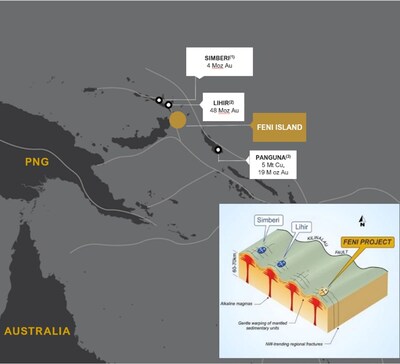 Feni Island in relation to known mineralized gold-copper deposits: Simberi, Lihir, and Panguna(1) (CNW Group/Adyton Resources Corporation)