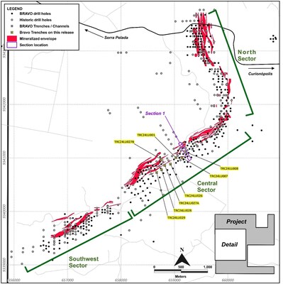 Figure 4: Location of Bravo Trenches and Sections Reported in this News Release (CNW Group/Bravo Mining Corp.)