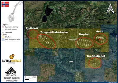 Figure 2. Key targets at the Løkken Cu-Co-Zn project. Areas of completed ground magnetic surveys and soil grids are also indicated (CNW Group/Capella Minerals Limited)