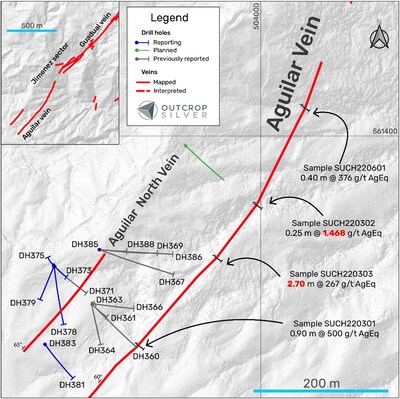Figure 1. The Aguilar plan view shows the detailed drill plan and reported holes in this release (Table 1), including holes with pending assays, previous drilling, and channel samples previously reported (Table 2). (CNW Group/Outcrop Silver & Gold Corporation)