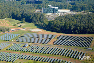 Aerial view of SAS solar farm at company headquarters in Cary, NC