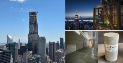 C-Crete’s 12 cubic yard pour of the world’s first granite-based concrete devoid of Portland cement and CO2 was for a topping slab located on the upper lobby of the supertall at 270 Park Ave, Manhattan. Photo Credit: Foster+Partners, NYC Constructors, and C-Crete Technologies