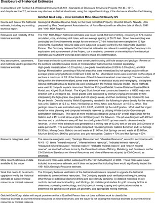 Disclosure of Historical Estimates - Dixie Comstock Mine (CNW Group/Getchell Gold Corp.)