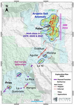 Figure 3. 2024 Regional Exploration from Outcrop’s Target Generation program shows the areas that are being worked with soil geochemical surveys, trenching, and geological mapping. (CNW Group/Outcrop Silver & Gold Corporation)