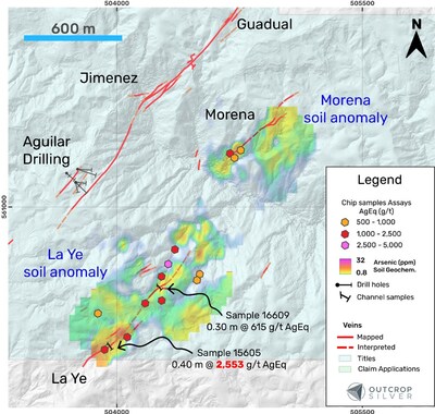 Figure 4. Local map showing the La Ye and Morena target areas with soil As anomaly based on more than 100 soil samples. (CNW Group/Outcrop Silver & Gold Corporation)