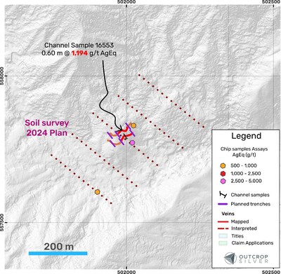 Figure 5. Detailed map of La Rica prospect with significant results from surface samples. The planned work is also shown (e.g. soil sample surveys and trenches). (CNW Group/Outcrop Silver & Gold Corporation)